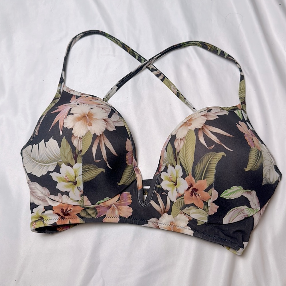 crossback gray and blush toned floral bikini top, lightly padded underwire bust